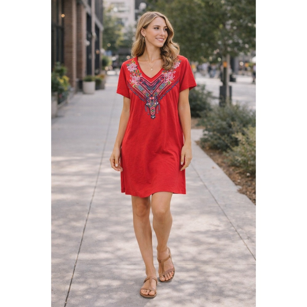 JW Los Angeles Johnny Was Red Embroidered Cotton V-Neck T-Shirt Dress Large L